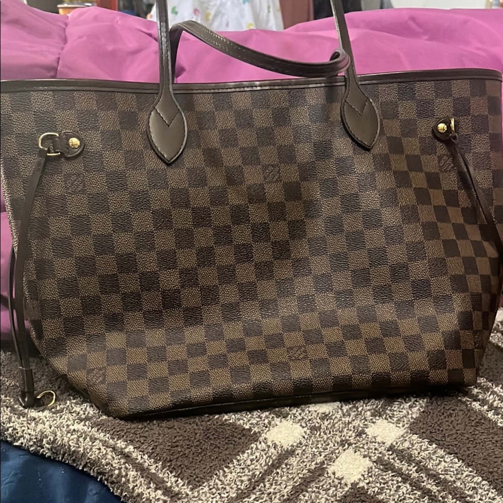 Brown Checkered Tote with pink interior Bag